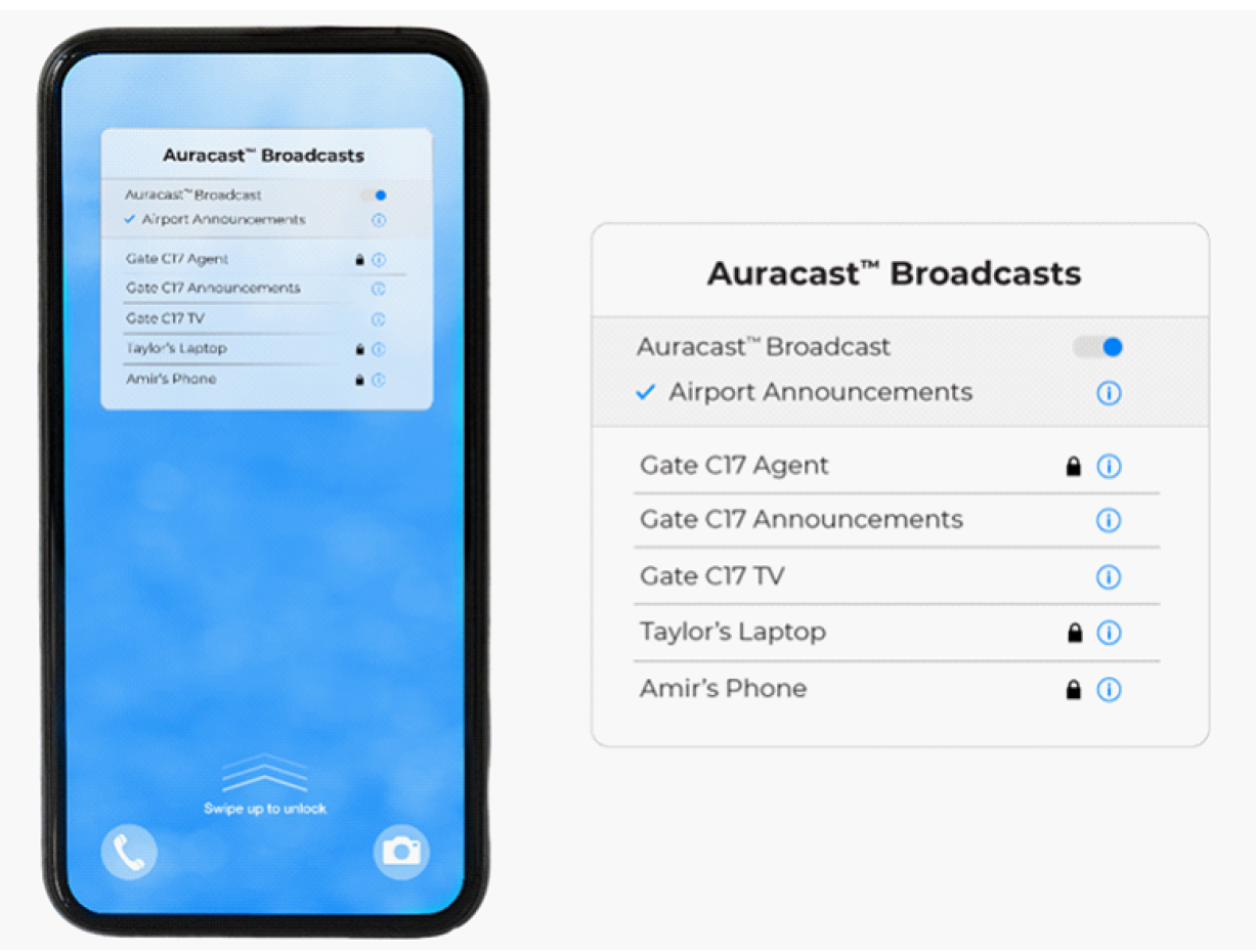 This image shows the Auracast broadcast audio user interface