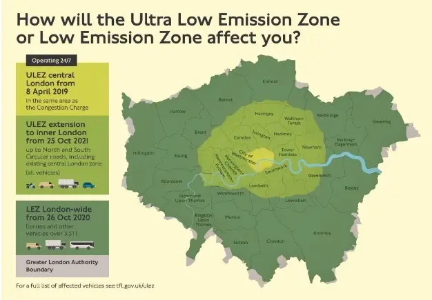 -	A map showing London's Ultra Low Emissions Zone (ULEZ), meant to encourage electric vehicle adoption 